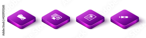 Set Isometric Medical veterinary record folder, Clinical pet on monitor, certificate for dog cat and Syringe with vaccine icon. Vector