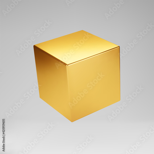 3d gold metallic cube isolated on grey background. Render a rotating glossy golden 3d box model in perspective with lighting and shadow. Realistic vector geometric shape