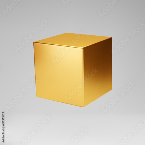 3d gold metallic cube isolated on grey background. Render a rotating glossy golden 3d box model in perspective with lighting and shadow. Realistic vector geometric shape