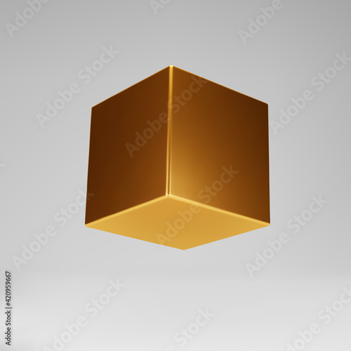 3d gold metallic cube isolated on grey background. Render a rotating glossy golden 3d box model in perspective with lighting and shadow. Realistic vector geometric shape