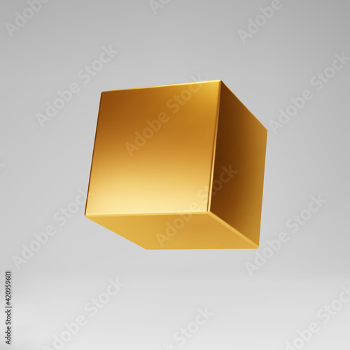 3d gold metallic cube isolated on grey background. Render a rotating glossy golden 3d box model in perspective with lighting and shadow. Realistic vector geometric shape