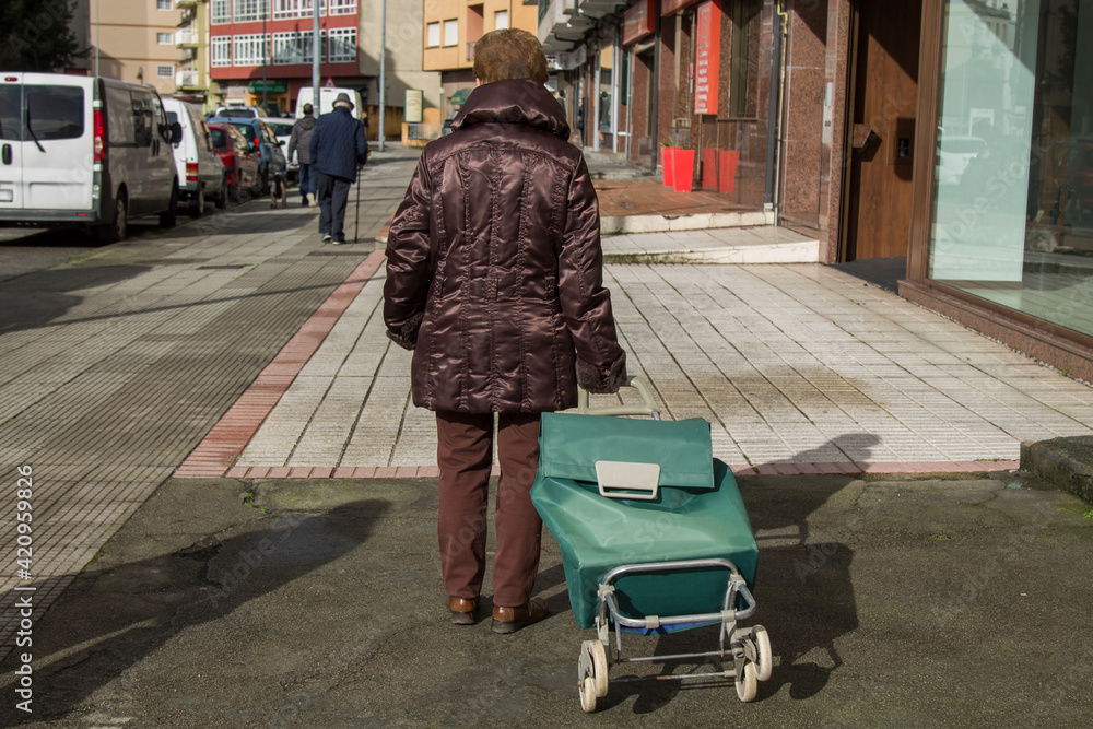Obraz premium woman with shopping cart down the street to the supermarket