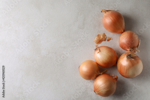 Fotografie Fresh ripe onion on white textured background
