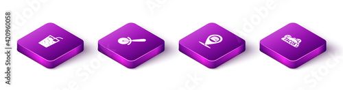 Set Isometric Glass with water, Pizza knife, Location burger and Taco tortilla icon. Vector