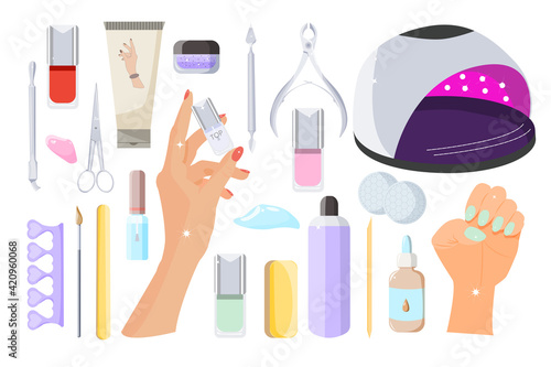 Female hands and various accessories for performing manicure at home or in a beauty salon. A large set of hand care products. vector cartoon illustration isolated on white background