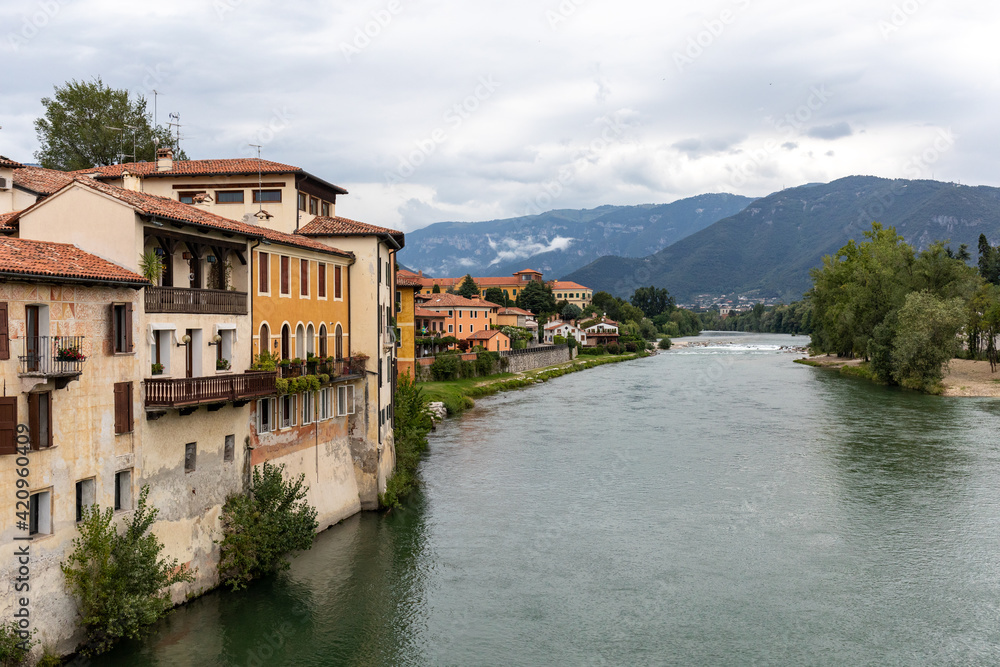 Colorful Houses and Brenta river in Bassano del Grappa. Italy Colorful Houses and Brenta river in Bassano del Grappa. Italy