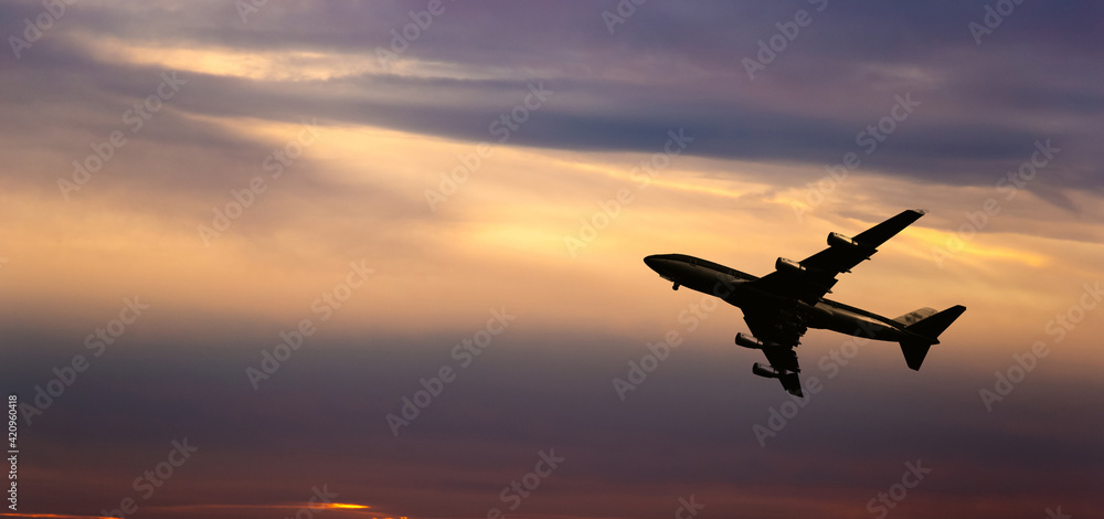 Airplane take off on a sunset. Airplane take off on a sunset.