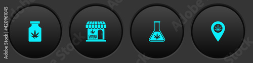 Set Medical bottle with marijuana, Marijuana and cannabis store, Test tube and Location icon. Vector