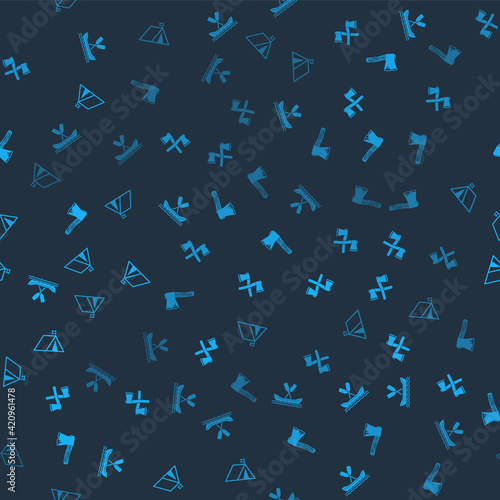 Set Rafting boat, Crossed wooden axe, Old and Tourist tent with flag on seamless pattern. Vector