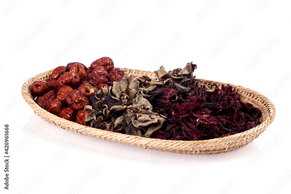 Jujube , Jelly ear mushrooms and roselle isolated on white background. Jujube , Jelly ear mushrooms and roselle isolated on white background.