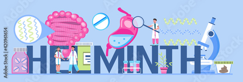 Helminth treatment concept vector for medical websites, header. Intestine, stomach doctors examine, treat dysbiosis, give medical supplies against worms. Tiny therapist of proctology
