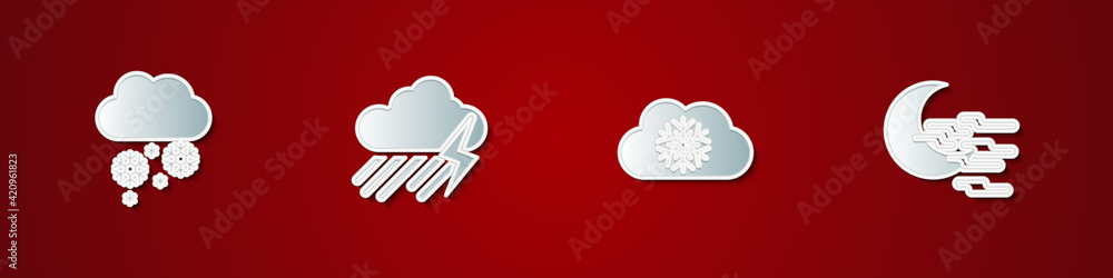 Set Cloud with snow, rain and lightning, and Fog moon icon. Vector Set Cloud with snow, rain and lightning, and Fog moon icon. Vector