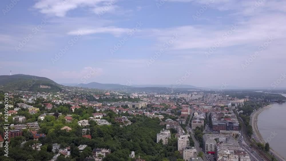 A static drone shot of the budapest skyline during the day. A static drone shot of the budapest skyline during the day.