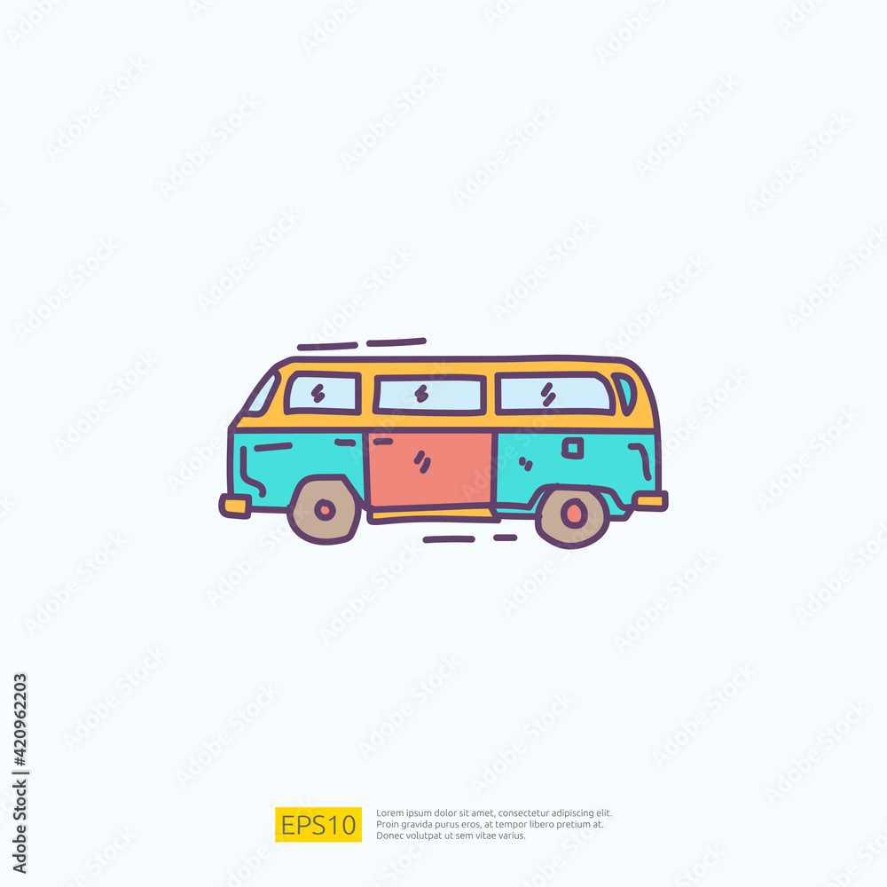 travel holiday tour and vacancy concept vector illustration. hippie van doodle fill color icon sign symbol