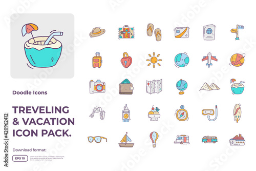travel tour and vacation concept vector illustration. holiday and tourism doodle fill color icon sign symbol