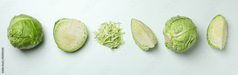 Fresh green cabbage on white background, top view - obrazy, fototapety, plakaty 