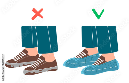 Dirty shoes and shoe covers. Vector illustration illustration in flat and cartoon style