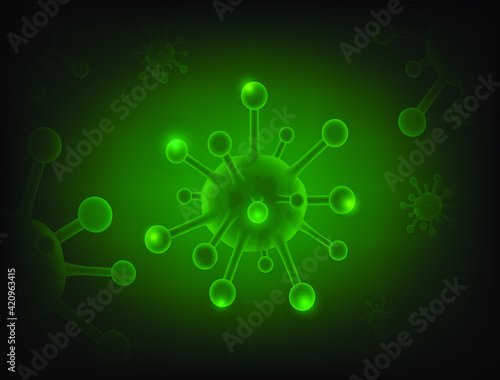 Novel Coronavirus (2019-NCOV). Virus Covid 19 Background with realistic 3d Green light virus cells.