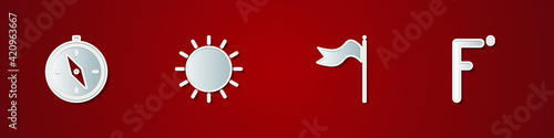 Set Compass, Sun, Meteorology windsock wind vane and Fahrenheit icon. Vector