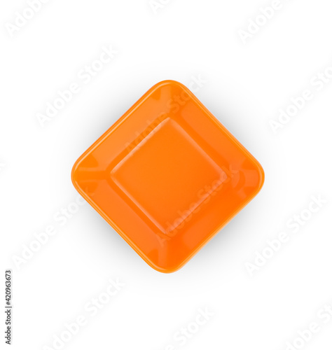 Empty square orange bowl isolated on white. Top view