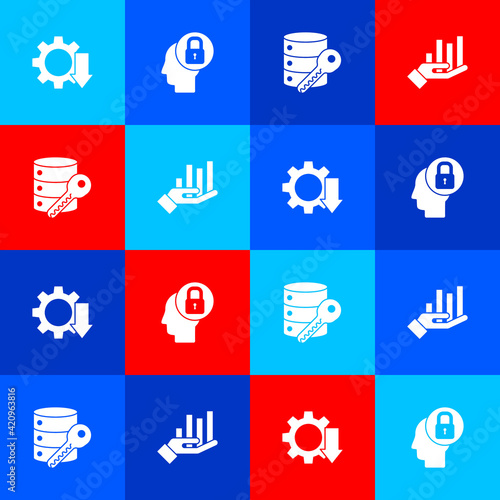 Set Cost reduction, Human head with lock, Server security key and Pie chart infographic icon. Vector