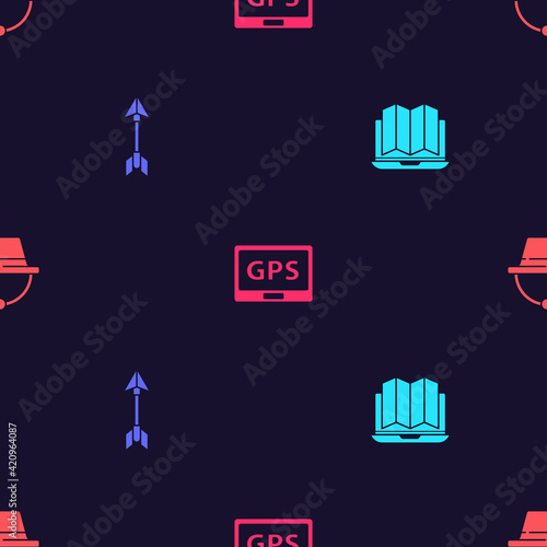 Set Location of the forest in laptop, Hipster arrow, Gps device with map and Camping hat on seamless pattern. Vector
