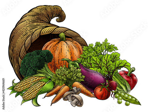 Cornucopia Horn Produce Vegetables Vintage Woodcut