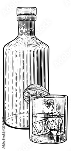 Cocktail Bottle and Glass with Ice Vintage Woodcut