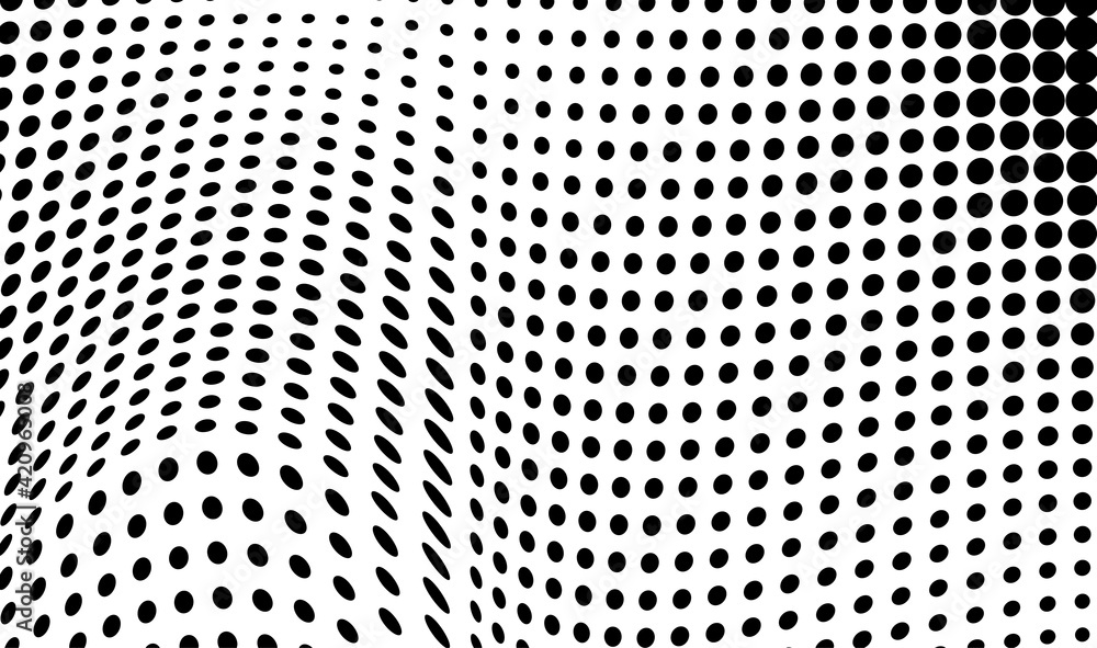 The halftone texture is monochrome. Chaotic waves of black dots on a white background