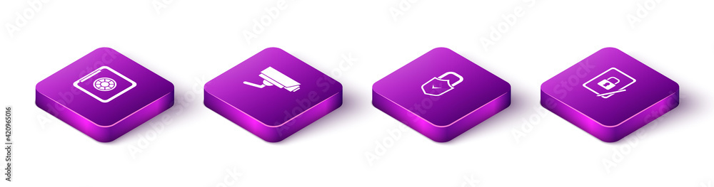 Set Isometric Safe, Security camera, Lock and check mark and Tablet with closed padlock icon. Vector Set Isometric Safe, Security camera, Lock and check mark and Tablet with closed padlock icon. Vector