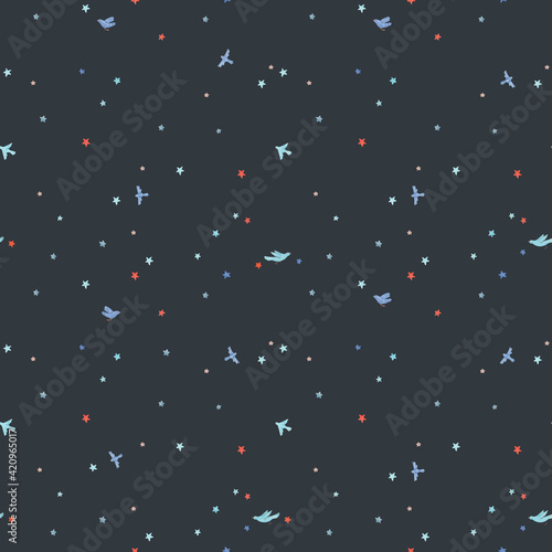 Wallpaper Mural Beautiful vector seamless pattern with cute watercolor birds and stars. Stock illustration. Torontodigital.ca
