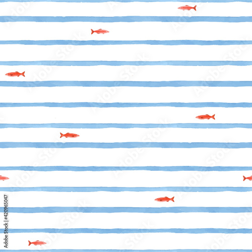 Beautiful vector seamless pattern with cute watercolor red fish and blue stripes. Stock illustration.