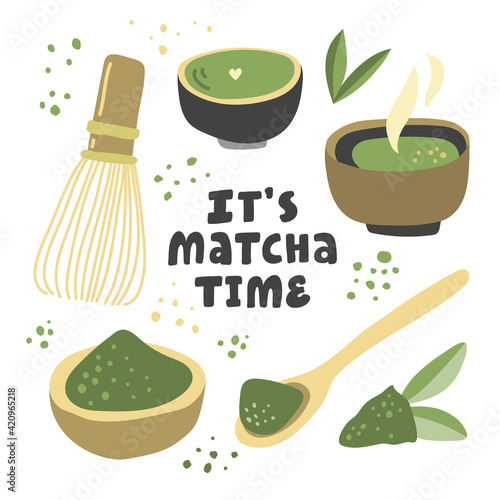 It is matcha time. Vector hand drawn matcha illustration on contrast background. Cake, macaroons, spoon, bamboo whisk, heart, matcha tea