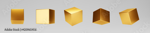 3d gold metallic cubes set isolated on grey background. Render a rotating glossy golden 3d box model with different angles in perspective with lighting and shadow. Realistic vector geometric shapes