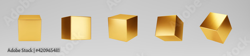 3d gold metallic cubes set isolated on grey background. Render a rotating glossy golden 3d box model with different angles in perspective with lighting and shadow. Realistic vector geometric shapes