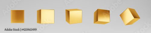 3d gold metallic cubes set isolated on grey background. Render a rotating glossy golden 3d box model with different angles in perspective with lighting and shadow. Realistic vector geometric shapes