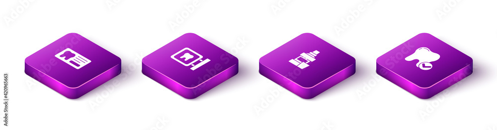 Set Isometric Dental card, clinic location, Mouthwash bottle and Tooth whitening concept icon. Vector Set Isometric Dental card, clinic location, Mouthwash bottle and Tooth whitening concept icon. Vector