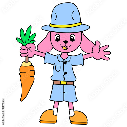Rabbit farmer is happily harvesting carrots in the garden, doodle icon image kawaii