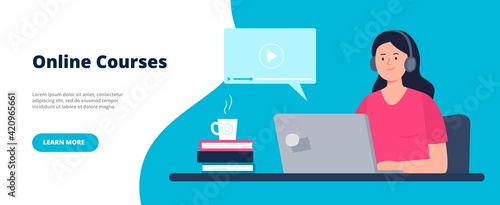 Banner for a Site with an Online Education Theme. Distance Education, E-learning, Studying at Home. Vector Flat Illustration.
