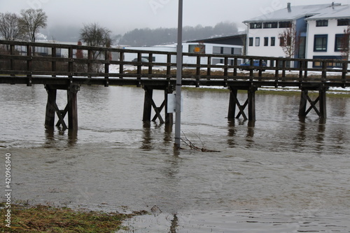 wooden bridge in the flood of the danube in mühlheim an der donau