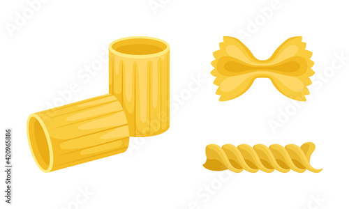 Macaroni as Dry Shaped Pasta Made with Durum Wheat Vector Set