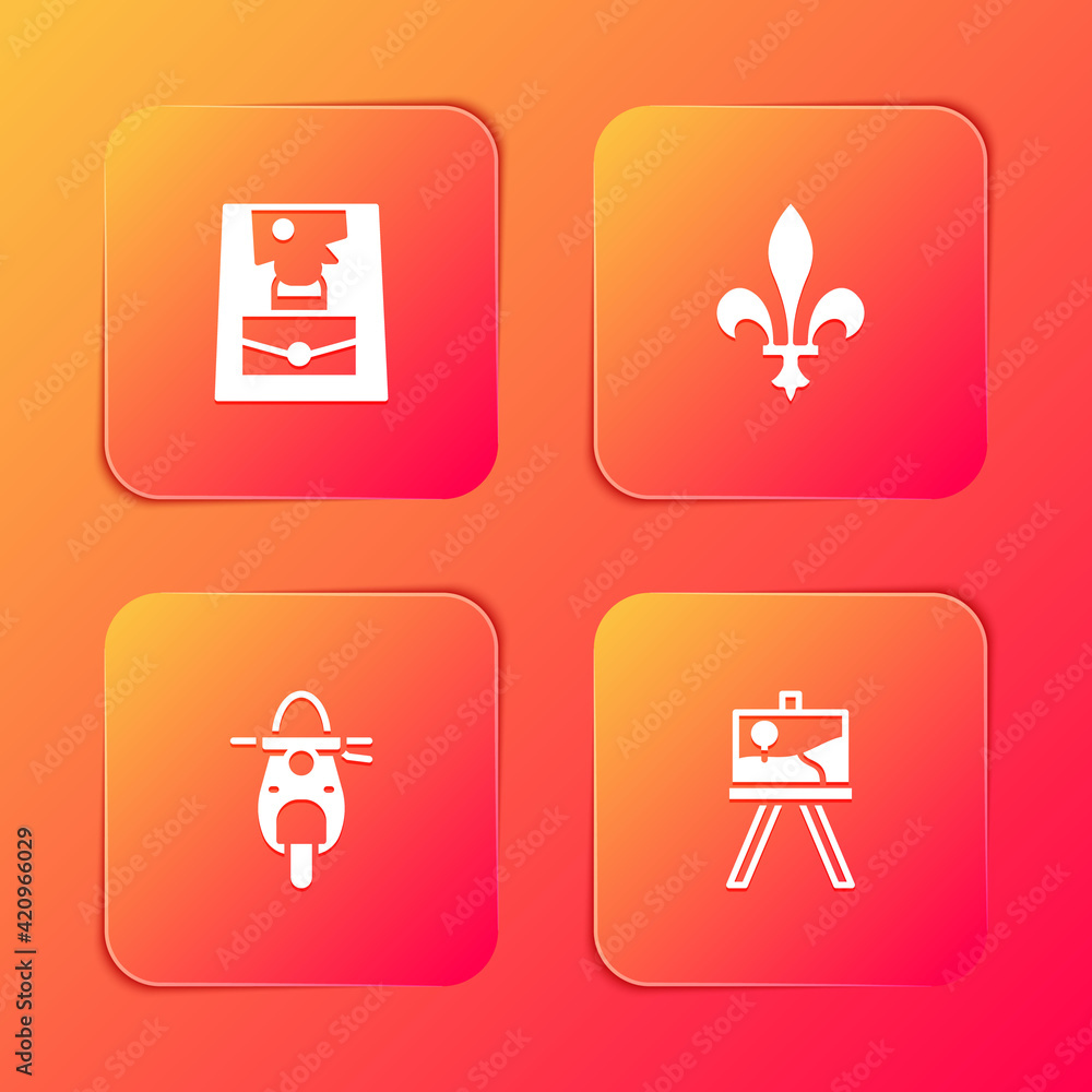 Set Handbag, Fleur De Lys, Scooter and Easel or painting art boards icon. Vector