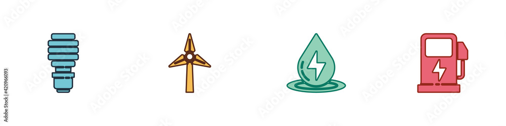 Set LED light bulb, Wind turbine, Water energy and Electric car charging station icon. Vector Set LED light bulb, Wind turbine, Water energy and Electric car charging station icon. Vector