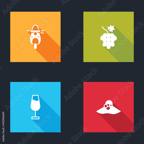 Set Scooter, Grape fruit, Wine glass and Elegant women hat icon. Vector