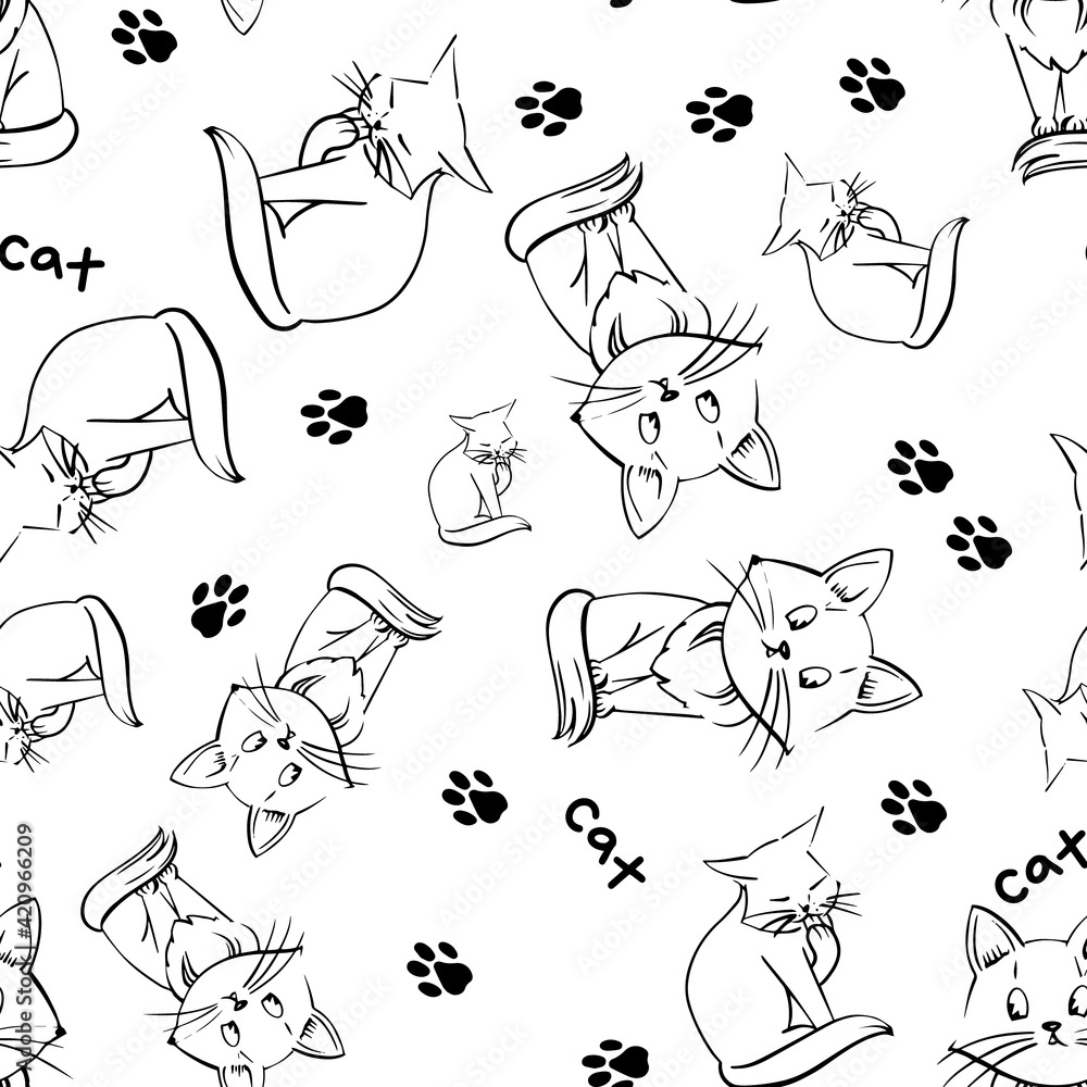 Obraz premium Seamless vector pattern with cats on a white background.