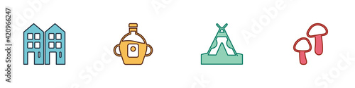 Set House, Maple syrup, Indian teepee or wigwam and Mushroom icon. Vector
