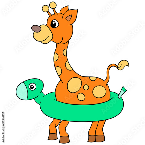 baby giraffe uses tires to swim so as not to drown, doodle icon image kawaii