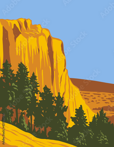 WPA poster art of the sandstone bluff of El Morro National Monument in Cibola County, New Mexico, United States done in works project administration style style or federal art project style.