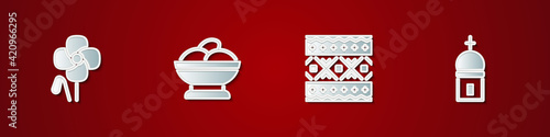 Set Poppy flower, Varenyky in a bowl, Ukrainian ethnic pattern and Church tower icon. Vector