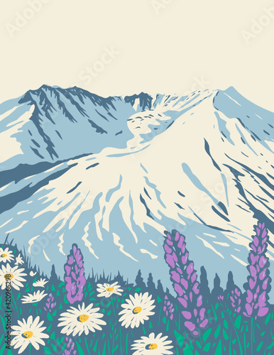 WPA poster art of Mount St. Helens National Volcanic Monument within Gifford Pinchot National Forest in Washington State done in works project administration style style or federal art project style. photo